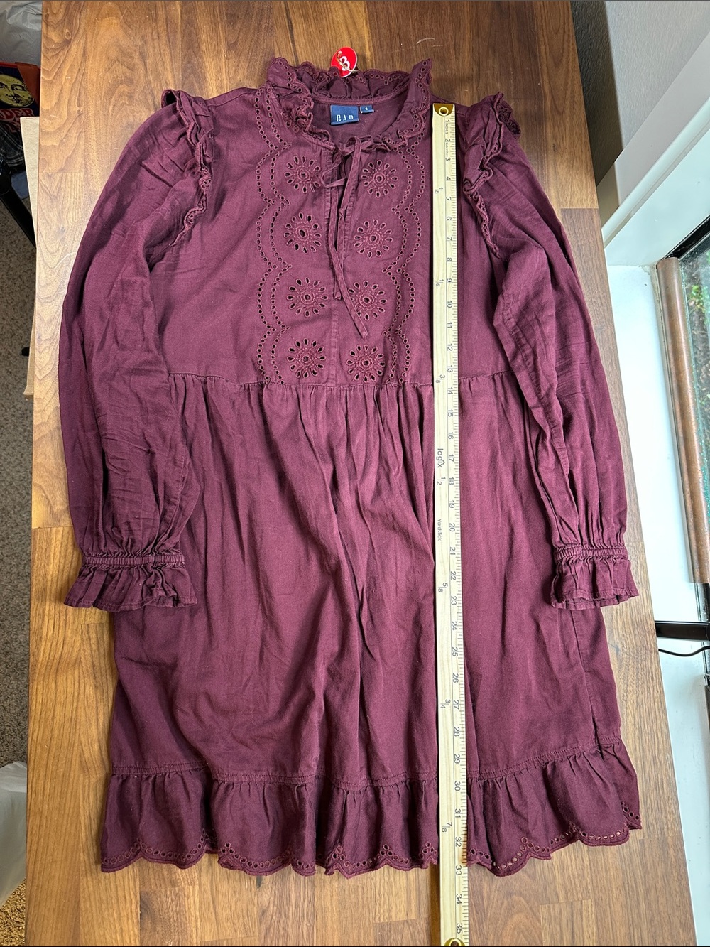 GAP ladies Burgundy Eyelet Embroidered Long Sleeve Dress Size S